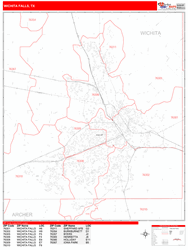 Wichita Falls Wall Map Zip Code Red Line Style 2024